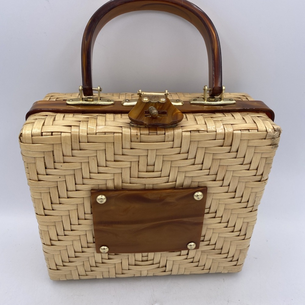 Vintage Lesco Luna Wicker Handbag Hong Kong Tortoise Resin Lucite Purse Brass